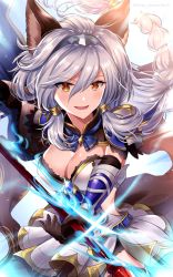 Rule 34 | 1girl, animal ears, blush, braid, breasts, cape, cleavage, commentary request, cowboy shot, dress, elbow gloves, erune, gem, gloves, granblue fantasy, grey hair, hair between eyes, hair ornament, hairband, heles, holding, holding weapon, long hair, looking at viewer, medium breasts, myusha, open mouth, outstretched arm, polearm, sidelocks, single braid, smile, solo, spear, standing, twitter username, weapon, yellow eyes