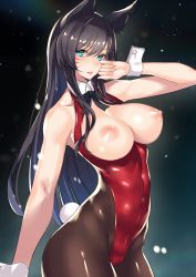 Rule 34 | 1girl, :d, ahri (league of legends), alternate costume, alternate eye color, animal ears, aqua eyes, bare arms, bare shoulders, black bow, black bowtie, black hair, black pantyhose, bow, bowtie, breasts, breasts out, cleavage, covered navel, detached collar, ero waifu, facial mark, fox ears, highleg, highleg leotard, hip focus, large breasts, league of legends, leotard, lips, long hair, nipples, open mouth, pantyhose, parted lips, playboy bunny, puffy nipples, rabbit tail, red leotard, smile, solo, tail, whisker markings, wrist cuffs