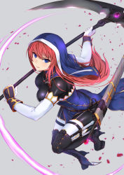Rule 34 | 1girl, blue eyes, blush, breasts, floating hair, full body, grey background, hair between eyes, high heels, highres, holding, holding weapon, large breasts, long hair, looking at viewer, nun, original, parted lips, red hair, simple background, smile, solo, thighhighs, toriatto gununu, weapon