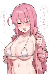Rule 34 | 1girl, bikini, blush, bocchi the rock!, breasts, cleavage, closed eyes, clothes grab, collarbone, cube hair ornament, gotoh hitori, hair between eyes, hair ornament, highres, hot, jacket, jacket grab, kobinbin, large breasts, long bangs, long hair, long sleeves, navel, one side up, open clothes, open jacket, open mouth, pink hair, pink jacket, simple background, smile, solo, speech bubble, stomach, sweat, swimsuit, track jacket, white background, white bikini