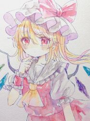 Rule 34 | 1girl, absurdres, ascot, bat wings, blonde hair, crystal, flandre scarlet, hat, hat ribbon, highres, hiyuu (hiyualice), mob cap, multicolored wings, one side up, puffy short sleeves, puffy sleeves, red eyes, red skirt, red vest, ribbon, short sleeves, side ponytail, skirt, skirt set, touhou, traditional media, vest, white hat, wings, yellow ascot