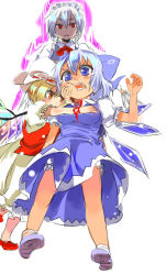 Rule 34 | 3girls, bad id, bad pixiv id, blonde hair, bloomers, blue hair, breast envy, breasts, circled 9, cirno, embodiment of scarlet devil, female focus, flandre scarlet, grabbing, grabbing another&#039;s breast, hat, izayoi sakuya, lace, maid, multiple girls, ribbon, shirow (crazy), shirow (pixiv), short hair, silver hair, simple background, tears, touhou, underwear, wings