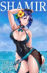 Rule 34 | 1girl, armpits, bare shoulders, black choker, black one-piece swimsuit, blue hair, blue sky, breasts, choker, covered navel, english text, fingerless gloves, fire emblem, fire emblem: three houses, fire emblem heroes, flower, gloves, gluteal fold, grin, hair flower, hair ornament, hakuramen, highres, large breasts, looking at viewer, nintendo, ocean, official alternate costume, one-piece swimsuit, outdoors, pink hair, shamir nevrand, short hair, sky, smile, solo, swimsuit, thighs, water, wet, wide hips, yellow flower