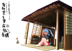 Rule 34 | ahoge, animal ears, blue hair, book, bookstore, highres, mat, red eyes, shop, sitting, smile, solo, tottori