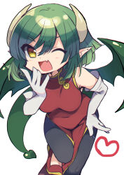 Rule 34 | 1girl, draco centauros, dragon girl, dragon horns, dragon tail, gloves, green eyes, heart, highres, horns, looking at viewer, one eye closed, pointy ears, puyopuyo, red footwear, short hair, solo, tail, white gloves, wings, yomoi