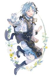 Rule 34 | 1boy, blue hair, boots, character name, cup, ensemble stars!, flower, frills, full body, holding, holding tray, long sleeves, male focus, open mouth, purple hair, seuga, shino hajime, short hair, solo, teacup, teapot, teeth, tray, upper teeth only, white background