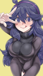 Rule 34 | 1girl, :q, @ @, alternate breast size, arm up, between legs, breasts, creatures (company), dress, furrowed brow, game freak, hair between eyes, hairband, hand between legs, hex maniac (pokemon), highres, impossible clothes, impossible dress, large breasts, leaning forward, long hair, long sleeves, looking at viewer, nintendo, npc trainer, parted bangs, pokemon, pokemon xy, purple eyes, purple hair, purple hairband, simple background, smile, solo, swept bangs, themaru, tongue, tongue out, very long hair, yellow background