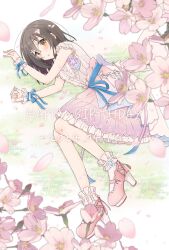 Rule 34 | 1girl, armpit crease, back bow, bare arms, birthday, black hair, blue gemstone, blue ribbon, blush, bow, breasts, cherry blossoms, commentary request, dated, day, dress, dress flower, english text, falling petals, fingernails, flower, frilled dress, frilled socks, frilled wrist cuffs, frills, from above, full body, gem, glasses, grass, hair between eyes, happy birthday, high heels, highres, holding, holding petal, idol, idol clothes, idolmaster, idolmaster cinderella girls, idolmaster cinderella girls starlight stage, kamijo haruna, knees together feet apart, layered dress, looking at viewer, looking to the side, lying, medium bangs, medium breasts, multicolored clothes, multicolored dress, official alternate costume, on side, open mouth, outdoors, parted lips, petals, pink-framed eyewear, pink dress, pink flower, pink footwear, pink petals, purple bow, purple flower, ribbon, rimless eyewear, shion mnkm, sidelocks, sleeveless, sleeveless dress, socks, solo, straight hair, tree, white dress, white socks, white wrist cuffs, wrist cuffs