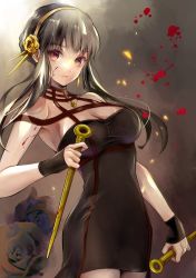 Rule 34 | 1girl, bare shoulders, black choker, black dress, black hair, blood, blood on face, breasts, choker, cleavage, dress, earrings, flower, hair flower, hair ornament, hairband, highres, holding, holding weapon, jewelry, large breasts, long hair, looking at viewer, quichi 91, red eyes, sleeveless, sleeveless dress, solo, spy x family, weapon, yor briar