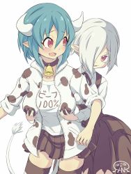 Rule 34 | 2girls, absurdres, animal print, bell, black skirt, blue hair, blush, grabbing another&#039;s breast, breasts, collar, collarbone, cow girl, cow horns, cow print, cow tail, fang, grabbing, grabbing from behind, highres, horns, jacket, jashin-chan dropkick, large breasts, miniskirt, minos (jashin-chan dropkick), multiple girls, neck bell, open mouth, persephone ii, pleated skirt, pointy ears, red eyes, short hair, simple background, skirt, small breasts, smile, tail, thighhighs, track jacket, white background, white hair, yuri