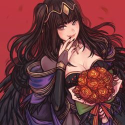 Rule 34 | 1girl, black dress, black gloves, black hair, bouquet, breasts, bridal gauntlets, bride, cleavage, commentary, dress, elbow gloves, english commentary, faithom, fire emblem, fire emblem awakening, fire emblem heroes, flower, gloves, grey eyes, large breasts, long hair, looking at viewer, nintendo, solo, tharja (bridal) (fire emblem), tharja (fire emblem), tiara, two side up, upper body, wedding dress