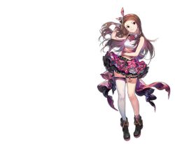 Rule 34 | 1girl, artist request, azur lane, brown hair, closed eyes, full body, idolmaster, idolmaster (classic), long hair, looking at viewer, minase iori, official art, one eye closed, open mouth, pink skirt, plaid, plaid skirt, purple eyes, simple background, single thighhigh, skirt, smile, solo, thighhighs, transparent background, white thighhighs