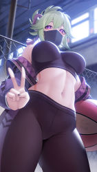Rule 34 | 1girl, alternate costume, artist name, ball, basketball, black mask, black nails, blurry, blurry background, breasts, building, chain-link fence, crop top, fence, from below, fukuro daizi, genshin impact, green hair, hair between eyes, highres, holding, holding ball, jacket, kuki shinobu, light particles, looking at viewer, looking down, mask, medium breasts, mouth mask, nail polish, navel, night, off shoulder, pants, purple eyes, rope, shimenawa, short ponytail, sidelocks, signature, solo, stomach, tight clothes, twitter username, utility pole, v, window, yoga pants