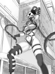 Rule 34 | 1girl, abs, armpits, asymmetrical legwear, black sclera, breasts, colored sclera, crotch zipper, female focus, from below, greyscale, hair ornament, harness, highres, kaijin hime do-s, large breasts, long hair, mask, mismatched legwear, monochrome, narrow waist, o-ring, one-punch man, outdoors, revealing clothes, skindentation, solo, spikes, the golden smurf, thigh strap, thighhighs, thighs, toned, underboob, underbust, whip, zipper