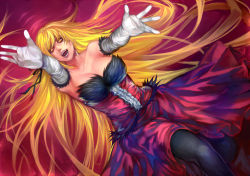 Rule 34 | 1girl, absurdly long hair, bare shoulders, black pantyhose, blonde hair, breasts, cleavage, collarbone, dress, dutch angle, elbow gloves, fangs, fur trim, gloves, highres, irohara mitabi, kiss-shot acerola-orion heart-under-blade, large breasts, lips, long hair, monogatari (series), nose, open mouth, oshino shinobu, outstretched arms, pantyhose, slit pupils, solo, strapless, strapless dress, teeth, very long hair, white gloves, yellow eyes