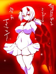 Rule 34 | 10s, 1girl, abyssal ship, arm cannon, breasts, collar, commentary request, dress, covered erect nipples, glowing, horns, kantai collection, large breasts, looking at viewer, low ponytail, lycoris fubuki, oni horns, red background, red eyes, sako (bosscoffee), skindentation, solo, tight dress, translation request, weapon, white dress, white hair
