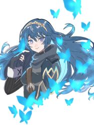 Rule 34 | 1girl, blue eyes, blue gloves, blue hair, brand of the exalt, bug, butterfly, butterfly on hand, chimney (chimney0311), closed mouth, cropped torso, fingerless gloves, fire emblem, fire emblem awakening, gloves, hair between eyes, highres, insect, long hair, long sleeves, looking at viewer, lucina (fire emblem), nintendo, smile, symbol in eye, tiara, upper body, white background