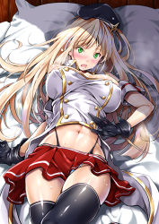 Rule 34 | 1girl, azur lane, bed sheet, black gloves, blonde hair, blush, breasts, buttons, commentary request, fiji (azur lane), garter straps, gloves, green eyes, kimura neito, large breasts, long hair, looking at viewer, lying, miniskirt, navel, on back, on bed, open mouth, parted bangs, pillow, pleated skirt, red skirt, skirt, solo, stomach, strapless, sweat, thighhighs