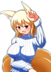Rule 34 | 1girl, alternate costume, animal ears, arm up, blonde hair, blush, breasts, cleavage, covered erect nipples, fox ears, fox tail, large breasts, long sleeves, merry (diameri), multiple tails, open mouth, ribbed sweater, solo, sweat, sweater, tail, touhou, upper body, yakumo ran, yellow eyes