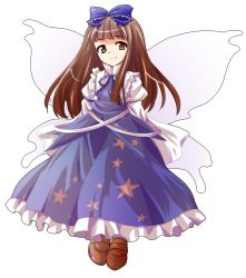 Rule 34 | 1girl, alphes (style), blue bow, blue ribbon, blue shirt, blue skirt, blunt bangs, bow, brown eyes, brown footwear, brown hair, closed mouth, dairi, eyebrows, fairy, fairy wings, frilled bow, frilled skirt, frills, full body, hair bow, juliet sleeves, loafers, long hair, long skirt, long sleeves, parody, puffy long sleeves, puffy sleeves, ribbon, shirt, shoes, skirt, skirt set, smile, solo, star sapphire, straight hair, style parody, tachi-e, touhou, transparent background, wings