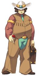 Rule 34 | 1boy, absol (dkqthf), belt, briefcase, brown footwear, brown hair, brown shirt, brown vest, clay (pokemon), closed mouth, commentary request, cowboy hat, creatures (company), frown, full body, game freak, green necktie, green pants, hat, holding, holding briefcase, long sleeves, male focus, necktie, nintendo, pants, poke ball, pokemon, pokemon bw, shirt, shoes, solo, vest
