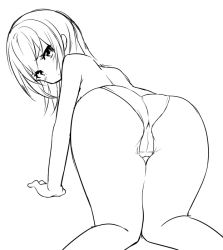 Rule 34 | 1girl, all fours, ass, from behind, greyscale, lineart, looking at viewer, looking back, monochrome, panties, simple background, solo, underwear, white background, zaxwu
