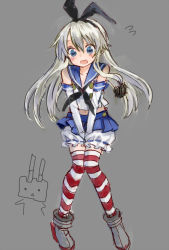 Rule 34 | 10s, 1girl, adapted costume, ama-tou, anchor, black neckerchief, blonde hair, bloomers, blush, flying sweatdrops, gloves, grey background, hair ribbon, kantai collection, long hair, microskirt, miniskirt, neckerchief, open mouth, rensouhou-chan, ribbon, school uniform, serafuku, shimakaze (kancolle), shirt, silver hair, skirt, sleeveless, sleeveless shirt, socks, solo, striped clothes, striped socks, striped thighhighs, thighhighs, underwear, v arms, very long hair, white gloves