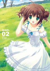 Rule 34 | 00s, 1girl, 2007, :d, bare shoulders, blue sky, close-up, collarbone, day, double bun, dress, field, frilled dress, frills, grass, green eyes, hair ornament, hand in own hair, heart, heart hair ornament, looking at viewer, meadow, open mouth, original, outdoors, plant, puffy short sleeves, puffy sleeves, ribbon, ryouka (suzuya), scan, short sleeves, sky, smile, solo, summer, tree, white dress, wind