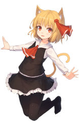 Rule 34 | 1girl, animal ear fluff, animal ears, ascot, black pantyhose, black skirt, blush, cat ears, cat tail, fang, hair ribbon, highres, kemonomimi mode, light brown hair, long sleeves, looking at viewer, no shoes, open mouth, outstretched arms, pantyhose, red eyes, ribbon, rumia, shone, short hair, simple background, skirt, skirt set, smile, solo, spread arms, tail, touhou, vest, white background