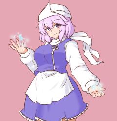 Rule 34 | 1girl, apron, breasts, bright pupils, closed mouth, commentary request, lapel pin, large breasts, letty whiterock, light purple hair, long sleeves, looking at viewer, mizusoba, purple eyes, scarf, short hair, simple background, smile, snowflakes, solo, touhou, waist apron, white apron, white headwear, white pupils, white scarf