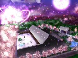 Rule 34 | architecture, chaigidhiell, cherry blossoms, east asian architecture, full moon, hakugyokurou, house, moon, no humans, pillar, pond, pool, purple moon, rooftop, scenery, touhou