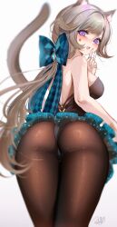 Rule 34 | 1girl, animal ears, ass, ass focus, bare shoulders, blush, bow, breasts, brown hair, cameltoe, cat ears, cat tail, from behind, genshin impact, hair bow, highres, huge ass, large breasts, leotard, long hair, looking at viewer, looking back, low ponytail, lynette (genshin impact), miniskirt, open mouth, pantyhose, purple eyes, rosebell, sideboob, skirt, smile, solo, tail, very long hair