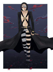 Rule 34 | 1boy, abs, black coat, black sclera, border, chest harness, coat, colored sclera, full body, grey hair, harness, hat, highres, jojo no kimyou na bouken, knife, long sleeves, male focus, pants, red eyes, risotto nero, striped clothes, striped pants, sudaeda, vento aureo, walking