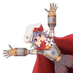 Rule 34 | 1girl, :o, absurdres, android, arms up, beret, bow, cape, flower, hat, hat bow, highres, joints, lily (flower), looking at viewer, nintendo, open mouth, orange eyes, ponponmaru, poppi (xenoblade), poppi alpha (xenoblade), purple hair, red bow, red cape, robot joints, short hair, short twintails, solo, twintails, white flower, white hat, xenoblade chronicles (series), xenoblade chronicles 2