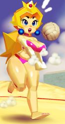 Rule 34 | 1girl, ball, barefoot, beach, beach volleyball, bikini, blonde hair, blue hair, crown, earrings, elbow gloves, gloves, jewelry, light particles, lipstick, low poly, makeup, mario (series), nail polish, nintendo, open mouth, pink lips, playing sports, ponytail, princess peach, running, sand, solo, super mario 64, swimsuit, thick thighs, thighs, toenail polish, toenails, volleyball, volleyball (object), wamudraws