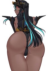 Rule 34 | 1girl, armor, armored leotard, artist request, ass, ass focus, black hair, blue hair, blush, dark skin, from behind, goddess of victory: nikke, headgear, huge ass, indivilia (nikke), leaning, leaning forward, leotard, long hair, looking at viewer, looking back, multicolored hair, red eyes, solo, very long hair