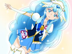 Rule 34 | 1girl, alternate costume, blue eyes, blue hair, blue skirt, blush, boots, brooch, color connection, commentary request, cure ange, cure princess, dutch angle, earrings, hair ornament, happinesscharge precure!, head wings, heart, heart brooch, hugtto! precure, jewelry, kechinbo silver, long hair, looking at viewer, magical girl, precure, skirt, solo, thick eyelashes, thigh boots, very long hair, vest, wings, wrist cuffs