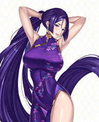 Rule 34 | 1girl, absurdly long hair, absurdres, armpits, arms behind head, arms up, bare shoulders, blush, breasts, china dress, chinese clothes, closed mouth, covered navel, dress, earrings, fate/grand order, fate (series), floral print, hair between eyes, highres, hip focus, jewelry, large breasts, long hair, looking at viewer, minamoto no raikou (fate), minamoto no raikou (traveling outfit) (fate), open mouth, parted bangs, purple dress, purple eyes, purple hair, simple background, smile, solo, takinashi (friend coffee), very long hair, white background