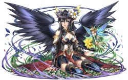Rule 34 | 2girls, armor, black hair, black wings, breasts, cleavage, fairy, field, flower, flower field, hair flower, hair ornament, itou youichi, long hair, mini person, minigirl, multiple girls, persephone (p&amp;d), pointy ears, puzzle &amp; dragons, simple background, wings