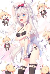 Rule 34 | 2girls, 6+girls, :d, absurdres, amazon (azur lane), animal ears, apron, azur lane, bikini, blonde hair, blue eyes, blush, bow, breasts, cat ears, chibi, cleavage, collarbone, commentary request, fang, hair bow, hammann (azur lane), highres, long hair, looking at viewer, multiple girls, open mouth, pointer, pointing, silver hair, simple background, small breasts, smile, star (symbol), swimsuit, tears, thighhighs, white background, | |, || ||
