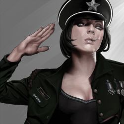 Rule 34 | 1girl, breasts, brown eyes, cleavage, hat, jacket, looking away, manly, medal, military, military cap, military jacket, military uniform, original, photo reference, pixiv thumbnail, resized, salute, shiba (berryeater), shirt, short hair, simple background, smoking, solo, uniform, upper body