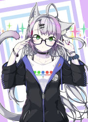 Rule 34 | 1girl, :o, absurdres, ahoge, animal ear fluff, animal ears, atalanta (fate), atalanta alter (fate), black-framed eyewear, black choker, black jacket, black nails, black scrunchie, cat ears, cat girl, cat tail, choker, collared shirt, commentary request, fate/grand order, fate (series), fingernails, glasses, green eyes, hair ornament, hairclip, head tilt, highres, jacket, kirishina (raindrop-050928), long hair, multicolored hair, multicolored nails, nail polish, open clothes, open jacket, parted lips, pink hair, red nails, scrunchie, shirt, silver hair, slit pupils, solo, sparkle, tail, tail raised, two-tone hair, upper body, very long hair, white shirt, wrist scrunchie