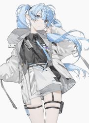 Rule 34 | 1girl, :o, aqua necktie, asymmetrical bangs, bag, belt, black belt, black shirt, blue eyes, blue hair, buttons, collared shirt, fanny pack, from below, grey background, highres, holding, holding own hair, jacket, kaoruko (unkrk55), long hair, looking at viewer, miniskirt, necktie, original, parted lips, pointy ears, shirt, shirt tucked in, simple background, skirt, solo, standing, thigh strap, twintails, vial, white jacket, white skirt