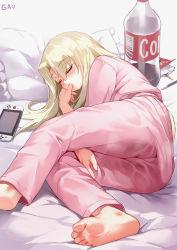 Rule 34 | 1girl, ass, bad id, bad pixiv id, bed, bedwetting, blonde hair, blouse, blush, bottle, closed eyes, clothes pull, coca-cola, fate/kaleid liner prisma illya, fate (series), food, gao (gaolukchup), grey background, hair between eyes, highres, illyasviel von einzbern, long hair, lying, nintendo switch, on side, pajamas, pee, peeing, peeing self, pillow, pink shirt, pocky, shirt, sleeping, solo, thumb sucking, wet, wet clothes