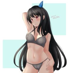 Rule 34 | 1girl, ame-san, black hair, bra, breasts, cleavage, cone, contrapposto, cowboy shot, dated, fusou (kancolle), grey bra, grey panties, hair ornament, highres, kantai collection, long hair, medium breasts, panties, red eyes, solo, standing, twitter username, two-tone background, underwear, underwear only, white background