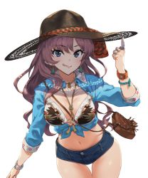Rule 34 | 10s, 1girl, :q, bag, between breasts, bikini, bikini top only, blue eyes, blue ribbon, blue shirt, blush, bracelet, breasts, brown hat, buttons, cleavage, collarbone, collared shirt, cow girl, cowboy hat, cowboy shot, cowboy western, denim, denim shorts, drawstring, earrings, front-tie top, hat, heart, heart necklace, highres, ichinose shiki, idolmaster, idolmaster cinderella girls, index finger raised, jewelry, long hair, long sleeves, looking at viewer, medium breasts, navel, necklace, neo-masterpeacer, pendant, red eyes, ribbon, ring, satchel, shiny skin, shirt, short shorts, shorts, simple background, sleeves rolled up, solo, standing, stomach, strap between breasts, swimsuit, thigh gap, tongue, tongue out, unbuttoned, unbuttoned shirt, wavy hair, white background, wing collar, wristband