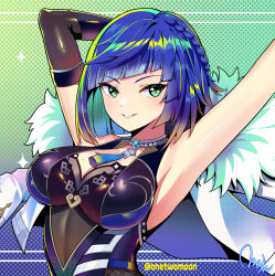 Rule 34 | 1girl, armpits, arms up, bare shoulders, blue hair, blunt bangs, braid, breasts, commentary request, fur-trimmed jacket, fur trim, genshin impact, green eyes, grin, jacket, jacket on shoulders, large breasts, looking at viewer, purple lips, short hair, sleeveless, smile, solo, twomoon, upper body, white jacket, yelan (genshin impact)