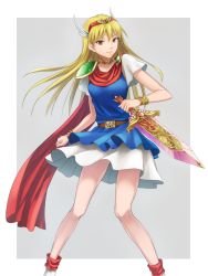 Rule 34 | 1990s (style), 1girl, akazukin chacha, armlet, armor, bare legs, belt, blonde hair, blue dress, blue skirt, border, bracelet, bracer, brown eyes, cape, clenched hand, closed mouth, commentary request, dagger, dress, feet out of frame, female focus, gem, grey background, hairband, head wings, highres, holding, holding dagger, holding knife, holding sword, holding weapon, jewelry, knife, long hair, looking at viewer, magical princess, neck, neck ring, non-web source, outline, pauldrons, red cape, red hairband, retro artstyle, reverse grip, short sleeves, shoulder armor, single pauldron, skirt, smile, solo, standing, sugi 214, sword, weapon, white border, white skirt, wings