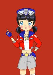 Rule 34 | 1girl, :d, absurdres, akiko, copyright request, cowboy shot, highres, looking at viewer, midriff, navel, non-web source, open mouth, optimus prime, optimus prime (kotobukiya bishoujo), red background, simple background, smile, solo, tagme, yamamoto