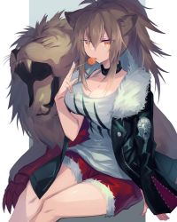 Rule 34 | 1girl, animal ears, arknights, black jacket, breasts, brown hair, candy, cleavage, commentary request, expressionless, feet out of frame, food, hair between eyes, highres, holding, holding food, jacket, large breasts, leather, leather jacket, licking, lion, lion ears, lollipop, long hair, orange eyes, red shorts, sasa onigiri, short shorts, shorts, siege (arknights), sitting, studded choker, tank top, white tank top